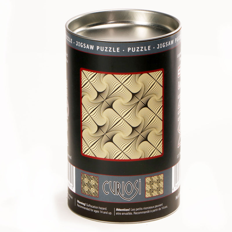 CURIOSI | Blechdose als Produktverpackung des Puzzle Double "Q-Glitter" mit abstraktem Motiv in gelb und schwarz