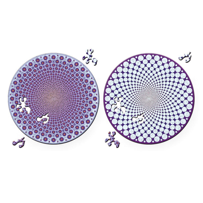 CURIOSI | Front- und Rückseite des Puzzle Double "Points" mit blauen und lila Punkten als Motiv