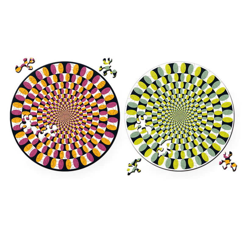 CURIOSI | Vorder- und Rückseite des doppelseitigen Puzzle Double "Swing" mit optischer Täuschung in verschiedenen Farben