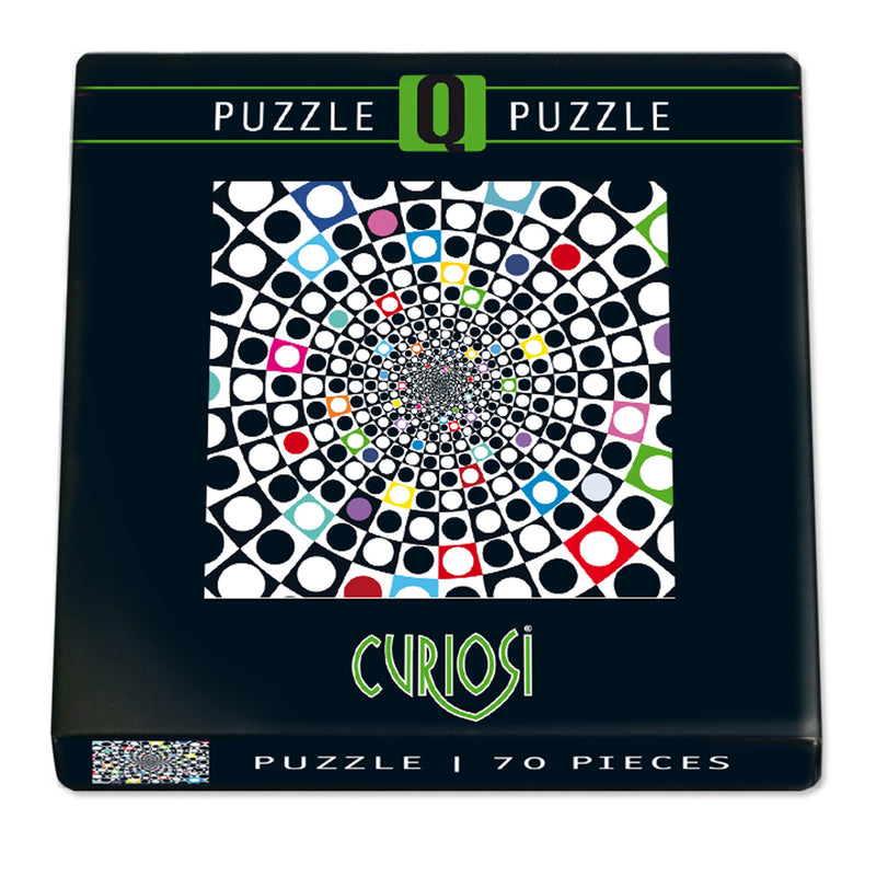 CURIOSI | Frontansicht der Produktverpackung des Puzzle Q "POP 2" mit schwarz-weißen Kreisen in Quadraten, bunten Akzenten und optischer Täuschung