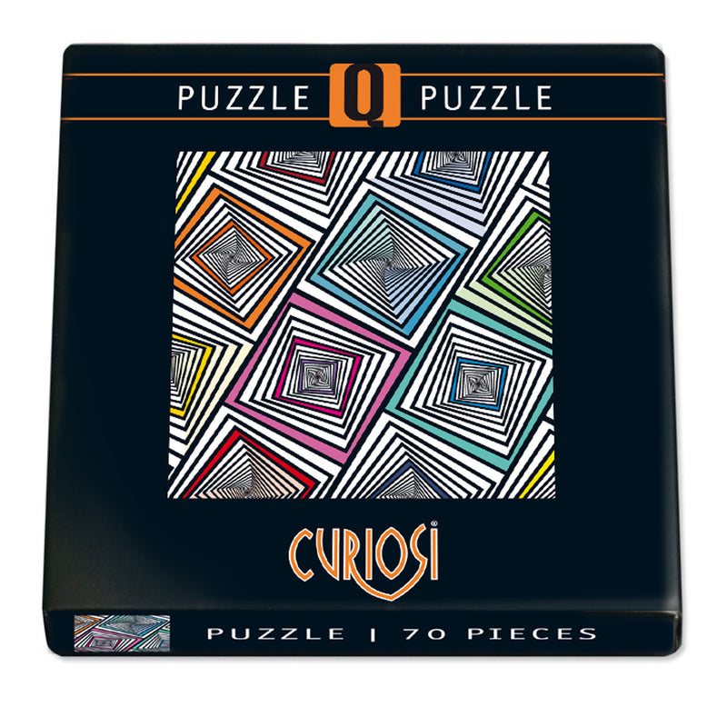 CURIOSI | Frontansicht der Produktverpackung des Puzzle Q "POP 4" mit schwarz-weißen quadratischen Formen, bunten Akzenten und optischer Täuschung