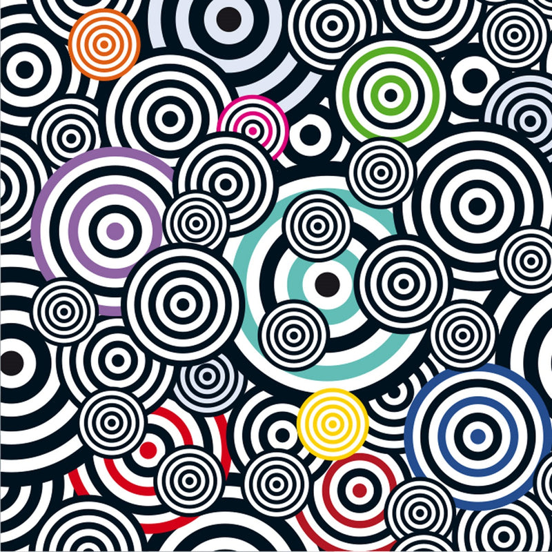 CURIOSI | Motiv des Puzzle Q "POP 1" mit schwarz-weiß gestreiften überlagerten Kreisen mit bunten Akzenten