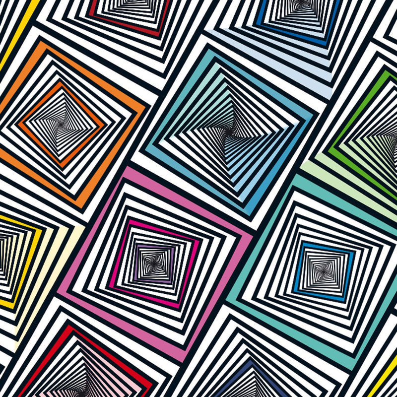 CURIOSI | schwarz-weißes Motiv des Puzzle Q "POP 4" mit quadratähnlichen Mustern, optischer Täuschung und bunten Akzenten