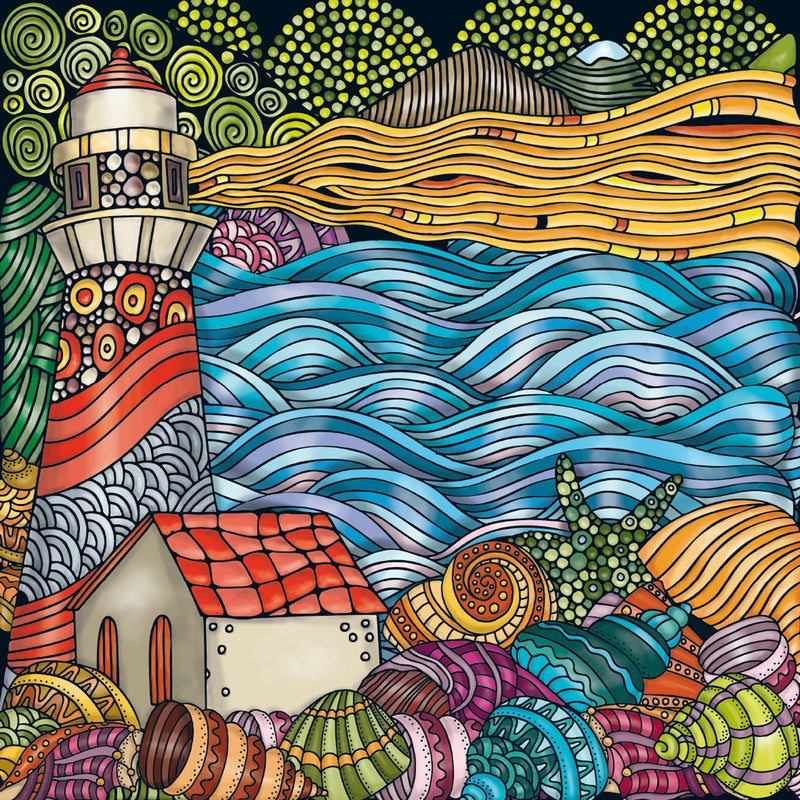 CURIOSI |Draufsicht des Puzzles Q "Color Mix 2" mit leuchtend illustriertem Leuchtturm und Meer als Motiv