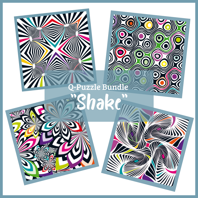CURIOSI | vier Q-Puzzles der Reihe "Shake" im Set mit abstrakten schwarz-weiß Motiven und bunten Elementen