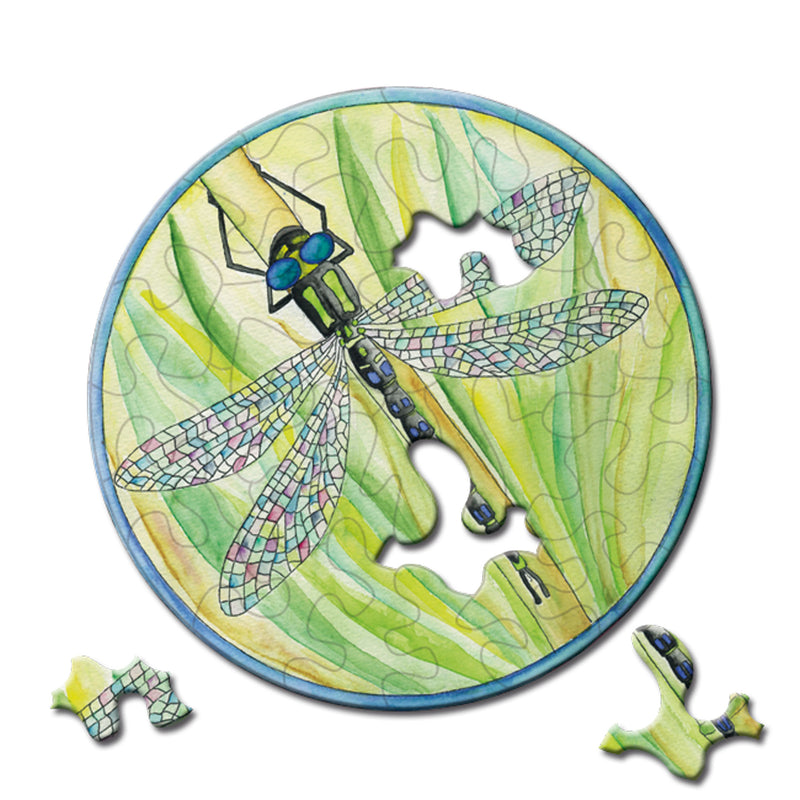 CURIOSI | rundes Puzzle Picoli "Libelle" mit farbenfroher Libelle auf grünem Hintergrund als Motiv