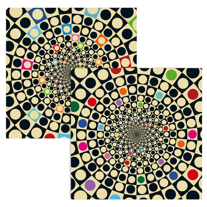 CURIOSI | Vorder- und Rückseite des Puzzle Double "Q-Fun" mit Kreisen in Quadraten als Motiv und bunten Akzenten