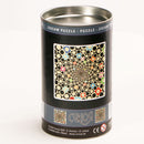 CURIOSI | Blechdose als Produktverpackung des Puzzle Double "Q-Fun" mit schwarzen Kreisen in Quadraten und bunten Akzenten als Motiv