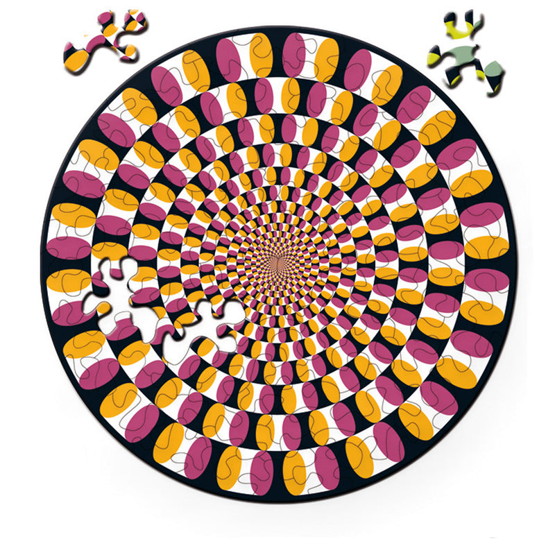 CURIOSI | Vorderseite des doppelseitigen Puzzle Double "Swing" mit optischer Täuschung und pinken sowie orangenen Farben 