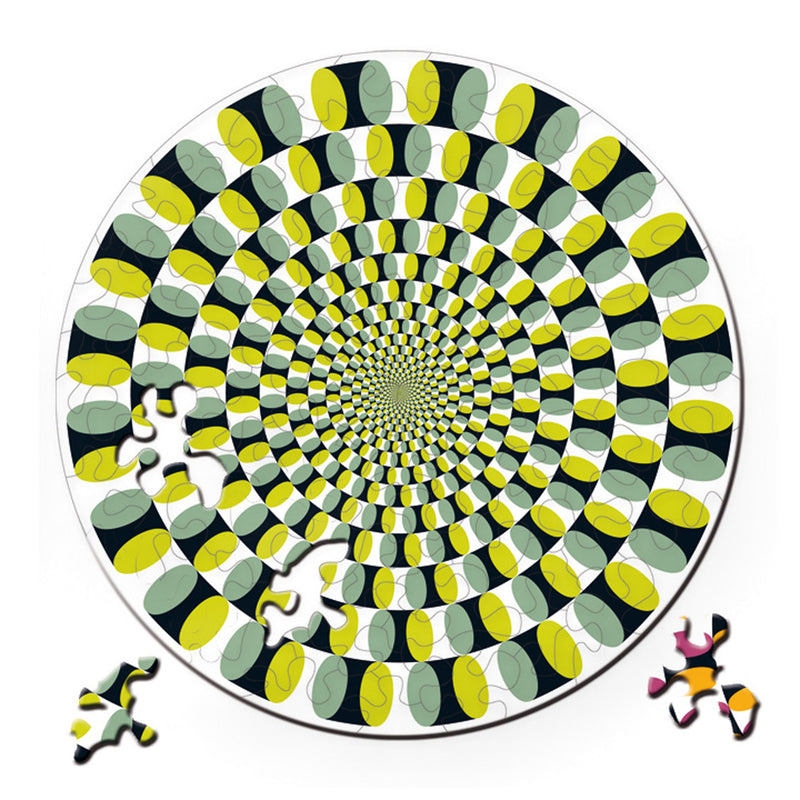 CURIOSI | Rückseite des Puzzle Double "Swing" mit optischer Täsuchung in gelb-grünen Tönen