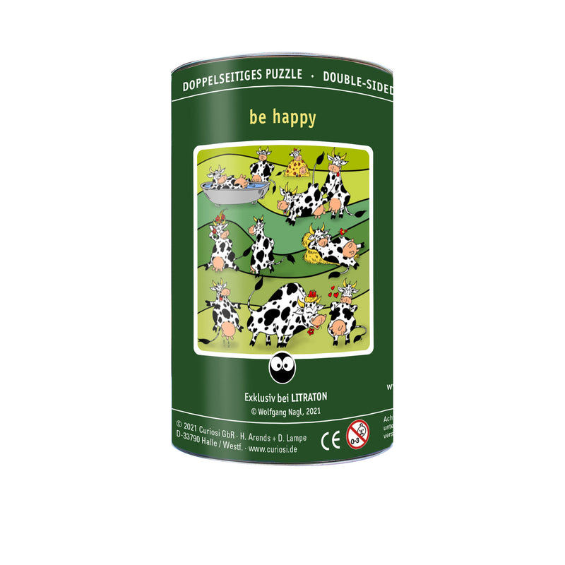 CURIOSI | Blechdose als Verpackung des Puzzle Double "Be happy" mit glücklichen Kühen als Motiv