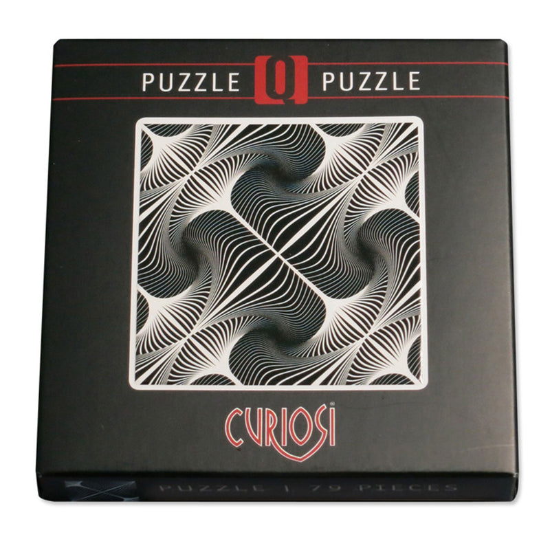CURIOSI | Produktverpackung des Puzzle Q "Shimmer 1" mit schwarz-weißem Motiv und optischer Täuschung