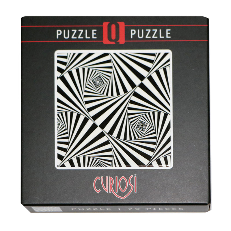 CURIOSI | Frontansicht des Kartons des Puzzle Q "Shimmer 5" mit schwarz-weißem Motiv und optischer Täuschung
