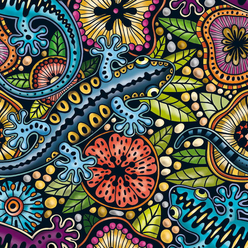 CURIOSI |Draufsicht des Puzzles Q "Color Mix 3" mit leuchtend Salamander und tropischem Hintergrund als Motiv